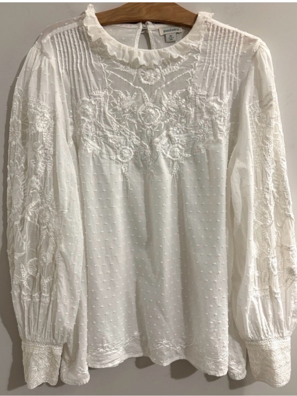 Sundance White Embroidered Swiss Dot Peasant Blouse